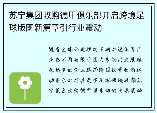 苏宁集团收购德甲俱乐部开启跨境足球版图新篇章引行业震动